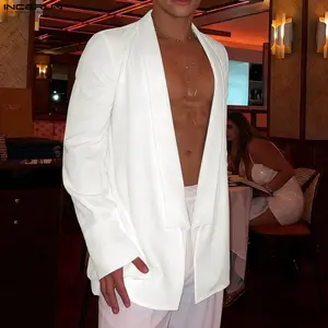 INCERUN Men's Solid Color Minimalist Deep V-Neck Summer Party Blazer, Suit Jacket Clubwear Essential, Evening Fashion Outwear