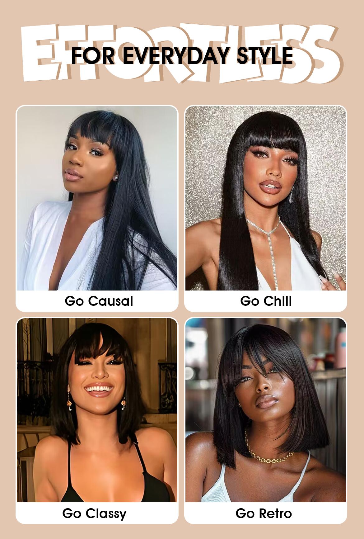 Wavymy Breathable Cap Wear Go Realistic Glueless Blunt Cut Straight Wig With Bangs Natural Minimalist Long Wig 100% Human Hair