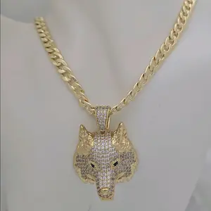 Gold Wolf Head Pendant Necklace with 004 Chain and 169 Dije for Men Women Hip Hop Jewelry