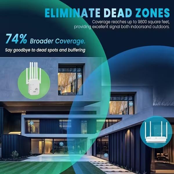 1200Mbps WiFi 6 Signal Booster And Mesh Network Extender Dual Band 2.4GHz 5GHz 6 Antenna High Speed WiFi System One Touch Control For Easy Setup Whole Home Coverage Compatible With Smart TVs Gaming Consoles Smartphones