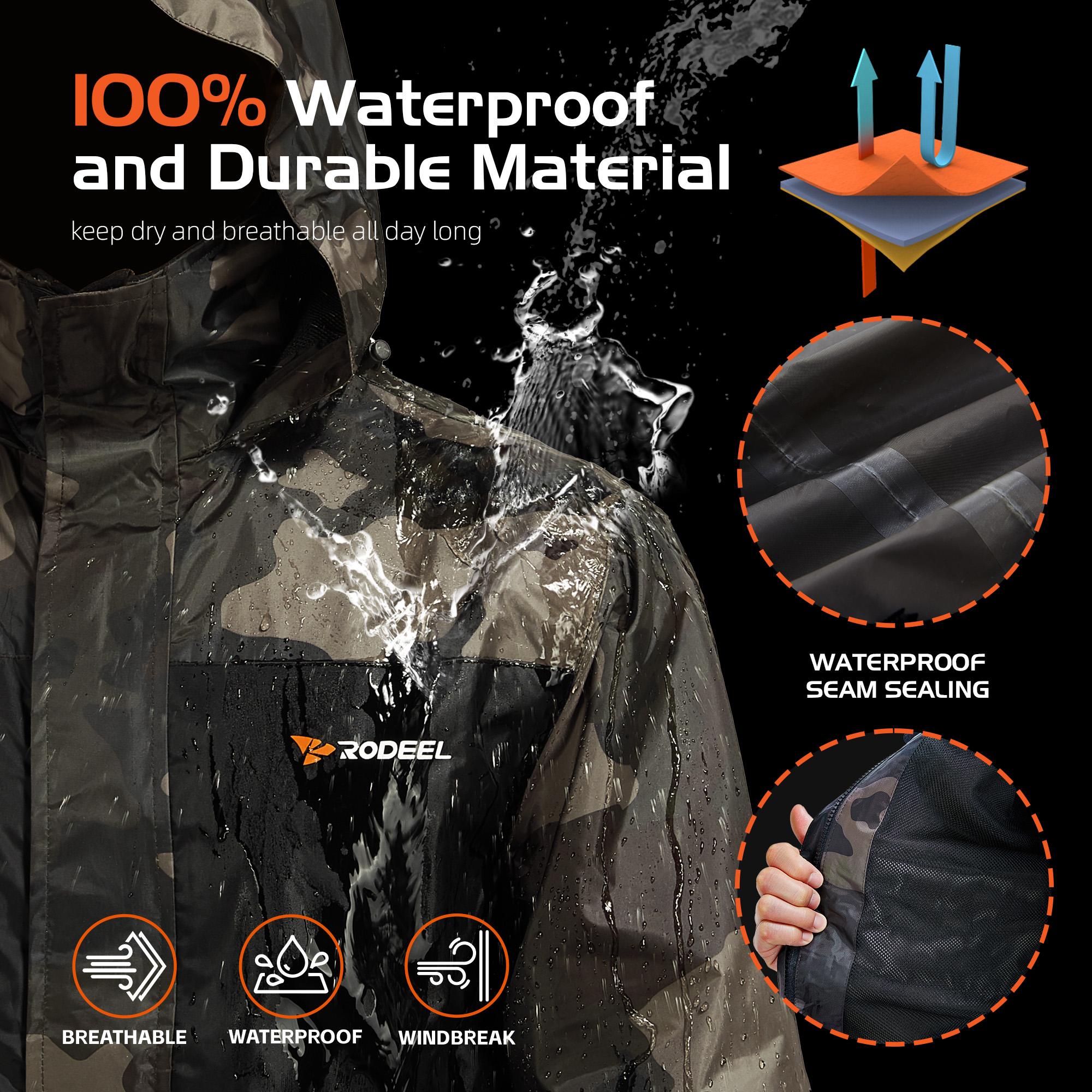 RODEEL 702 Waterproof Jacket and Pants Set Men Lightweight Breathable Full Zip Adjustable Hooded Rain Coat Durable Rain Suit Weatherproof Rainwear Windbreaker For Outdoor Hiking Camping Fishing Boating Construction Landscaping, Holiday Gift