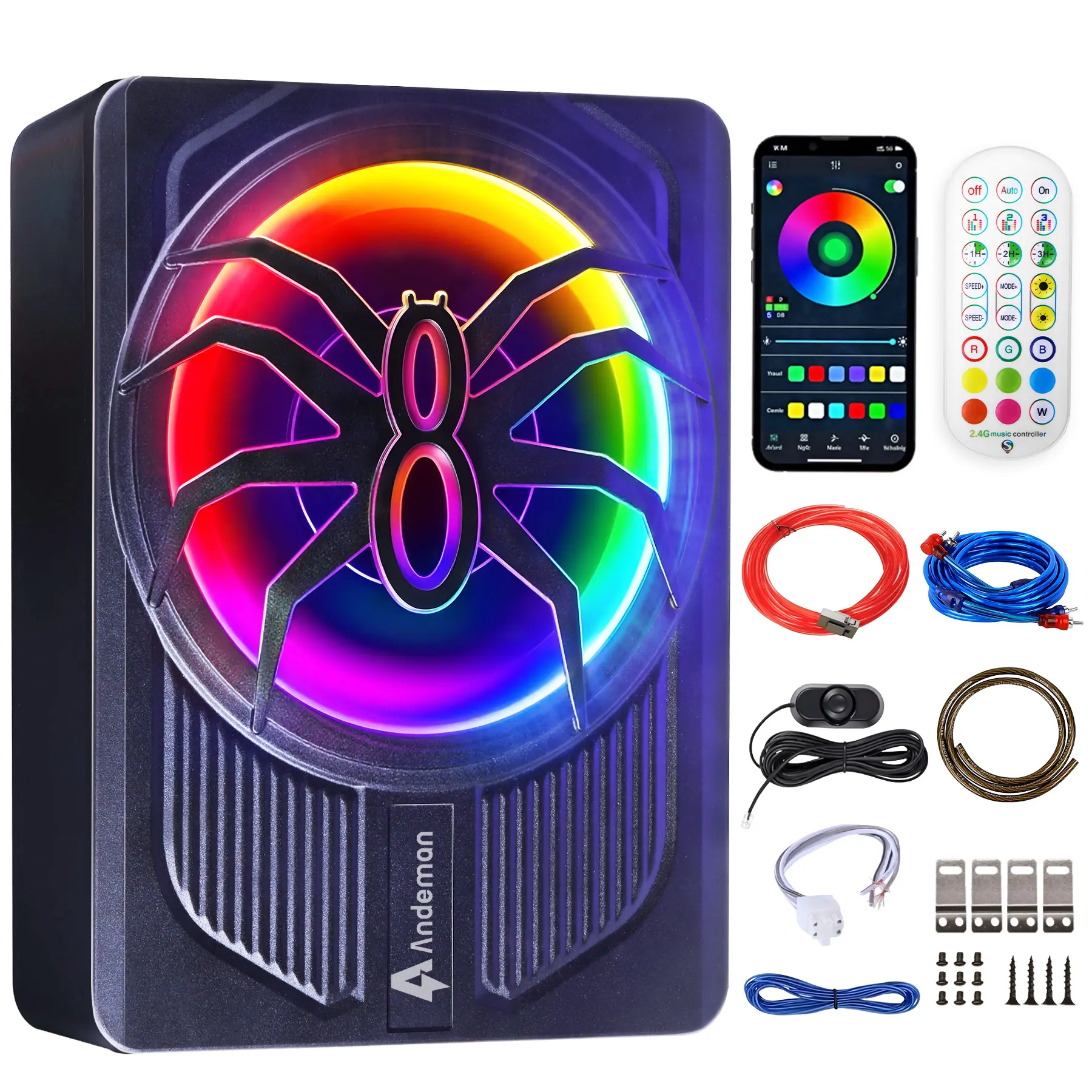 ANDEMAN 10in Aluminum Powered Car Subwoofer Speaker - Car Audio Speaker with Color Light, App, Remote Control, Deep Bass Stereo Sound System, Car Speakers, Batteries