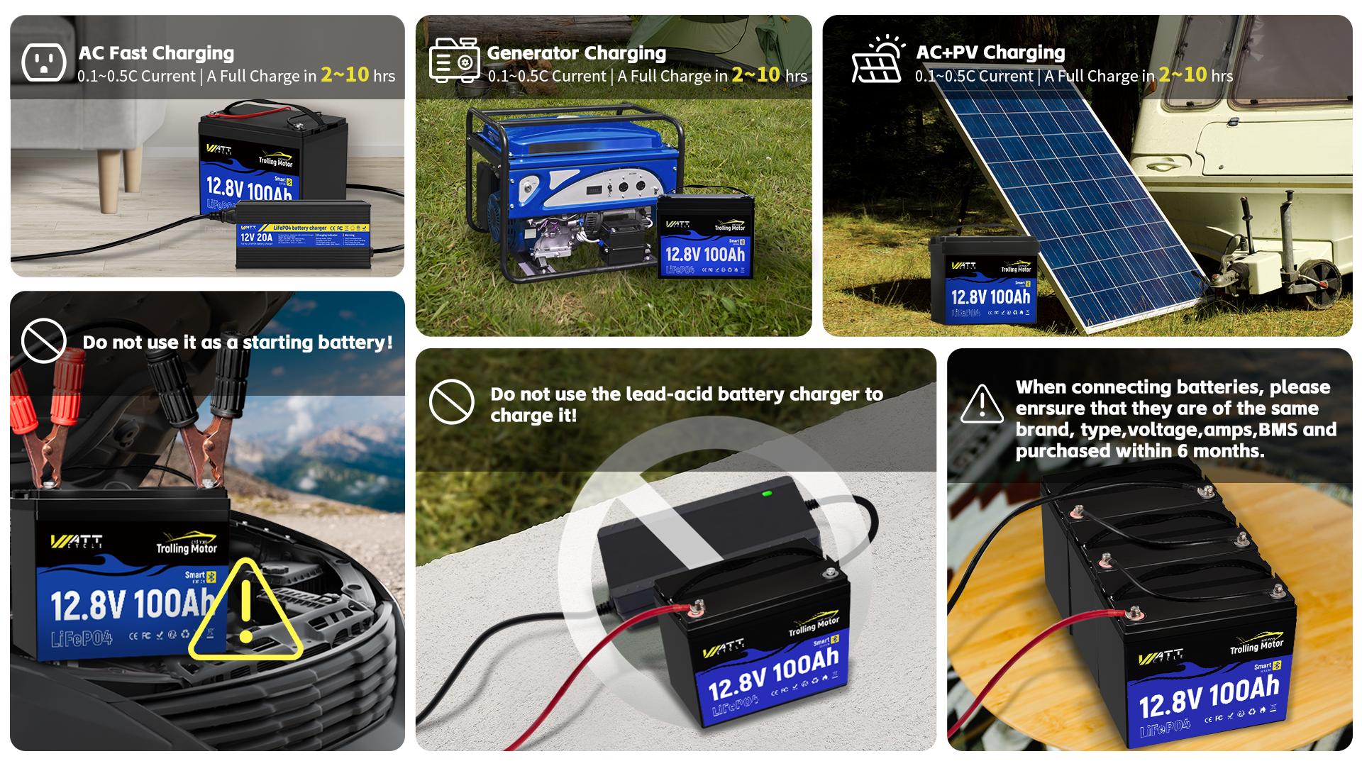 WattCycle 12V 100Ah TM Bluetooth LiFePO4 Battery with 120A BMS surge protection Automatically Cuts and Recovery，boasts ，Deep Cycle Perfect for Trolling Motors Marine Boat RVs，High Power Portable,Easy travel，Smart application control