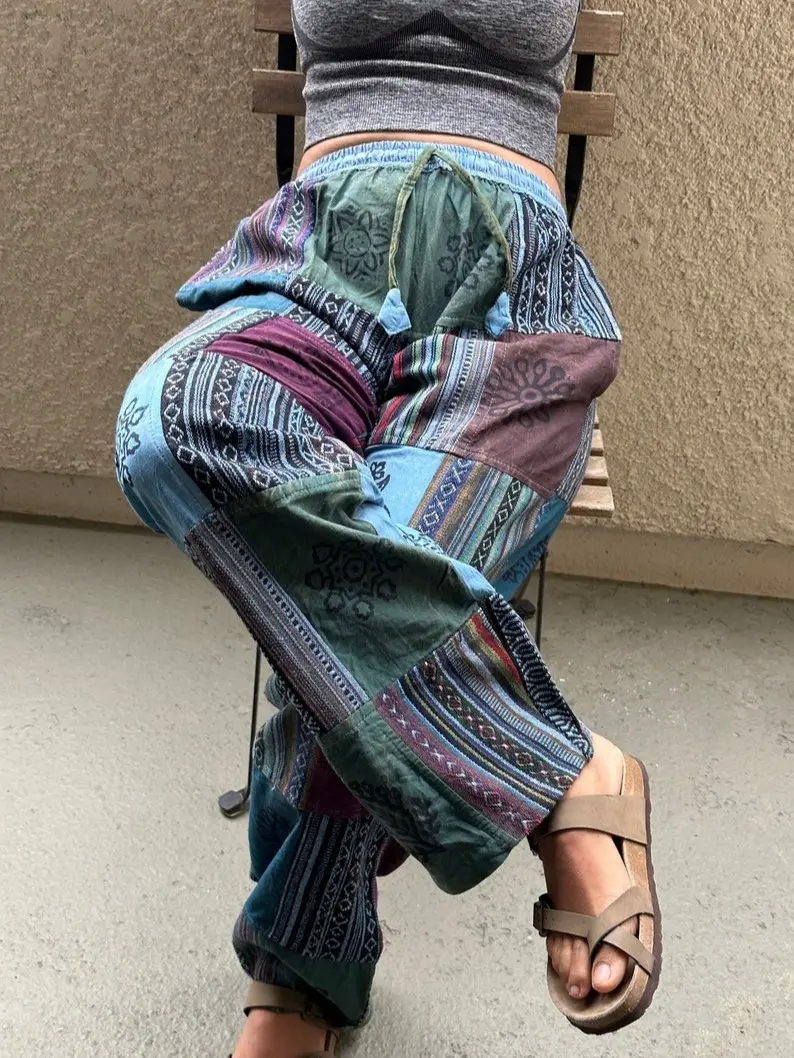Himalayan Patchwork Hippie Pants with Pockets and Elastic Waist