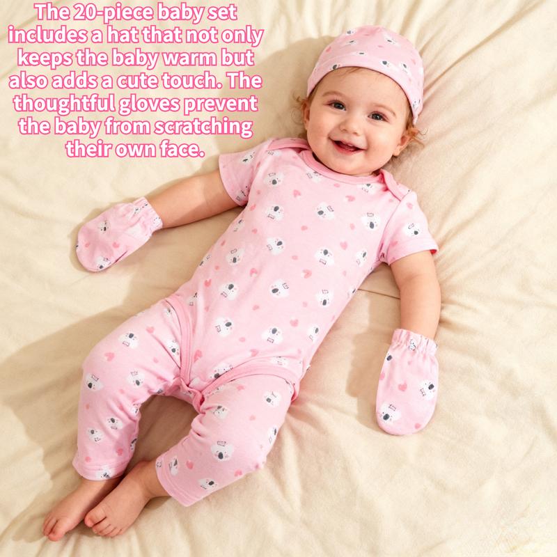 JY.COZY FOR BABY Baby Girl Boy Clothes Onesie Set 20 Pack 100% Organic Cotton 5 Bodysuits 5 Pants 5 Hats 5 Gloves Hypoallergenic Breathable Stretchy OEKO-TEX Certified for All Seasons Playdate Christening Photo Shoot