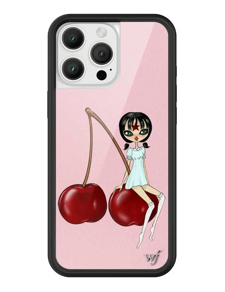 Cindy Kimberly Collab | Limited Edition Trendy iPhone Collaboration Case | Raised Protective Black Bumper | Women Owned Small Business | Baby Pink Background Dark Red Cherries Cindy Kimberly Cute | Safety Casing Protective | Gift for Her