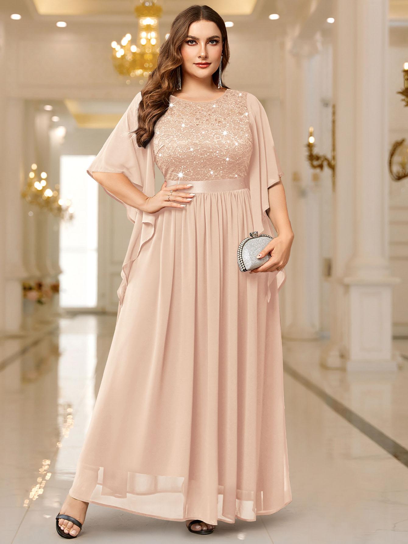 Miusol P83099 Plus Size Women's Sequin Floral Lace Chiffon Flare Sleeve Formal Dress Elegant Evening Gown All Seasons Party dress,Evening dress Normal Type  Womenswear Maxi Dress SpringStatements