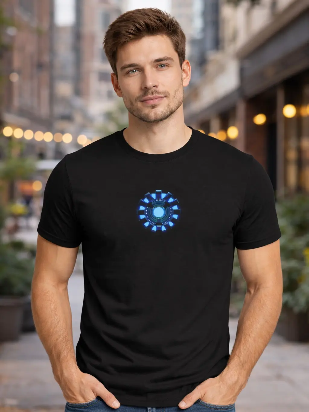 Stark Industries Arc Reactor T-Shirt - Black Crewneck Casual Top with Blue Design, Soft Cotton Material, Classic Style