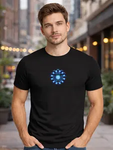 Stark Industries Arc Reactor T-Shirt - Black Crewneck Casual Top with Blue Design, Soft Cotton Material, Classic Style