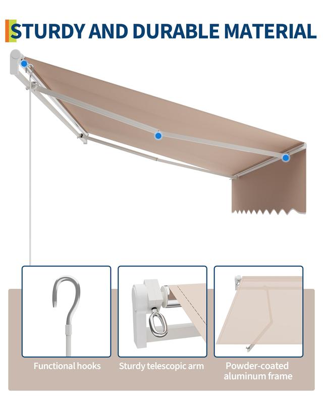 GAOMON 13 ft x10 ft Manual Retractable Awning, Waterproof Sun Shade Patio Awning, Heavy Duty Aluminum Frame, 280 g Polyester Fabric, Adjustable Roll Out Awning for House, for Deck, Porch, Beige
