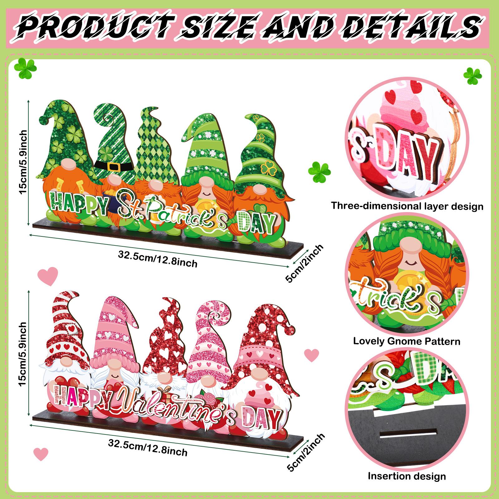 Valentine's Day & St. Patrick's Day Decorations, Reversible Gnome Wooden Table Sign, Love & Luck Double Sided Valentines St. Paddys Day Theme Wooden Standing Blocks Desk Decor Irish Farmhouse Style Centerpiece for Home Office Dinng Table Shelf Tiered Tray