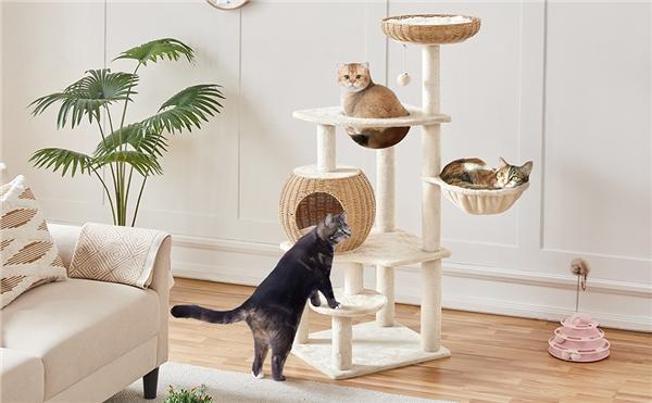 【Valentine Gift】Yaheetech 54in Rattan Cat Tree Tower with Luxury Woven Condo, Clear Bowl, Washable Cushions, and Scratching Posts, Cat Furniture for Indoor Cats