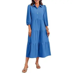 Wenrine Women's Casual 3/4 Sleeve Shirt Dress Button Down V Neck Tiered Collared Flowy Maxi Dress