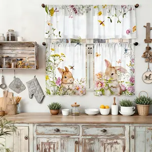 Home Decor Art Print of Kitchen Curtains Showcasing Two Adorable Rabbits Surrounded by Wildflowers, Perfect for a Spring Atmosphere. Designed for Rod Pocket Hanging And Available in Various Sizes As a Tier And Valance Set