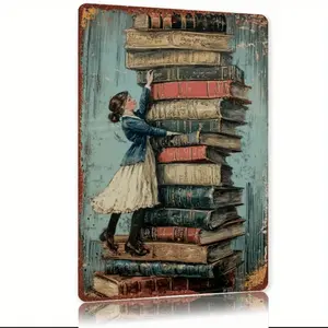 Vintage Metal Sheet Art: Librarian Organizing Books | vintage Iron Wall Decor, Library Theme, Ideal for Entryway, No Electricity Required