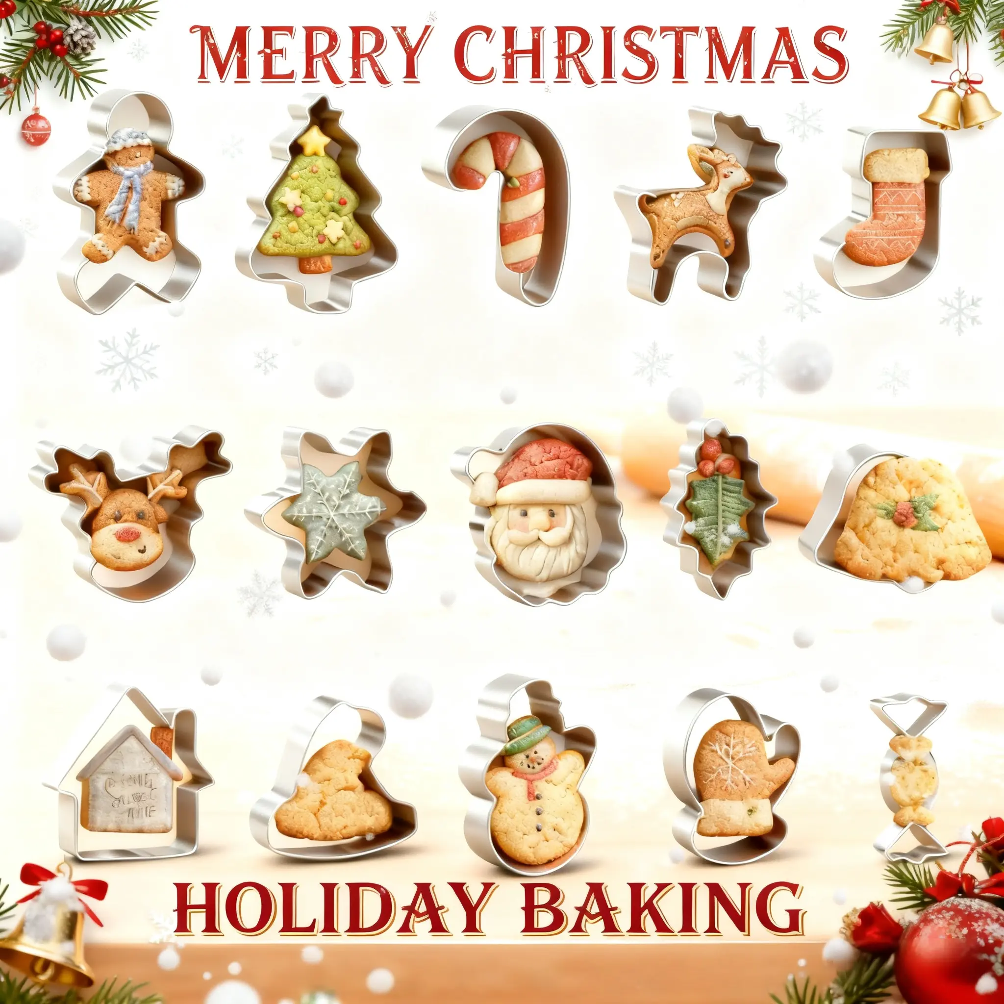 15-Piece Christmas Cookie Cutter Set – Stainless Steel Baking Molds with Snowflake, Christmas Tree & Holiday Shapes, Easy-to-Use Kitchen Gadgets for Festive Treats, Party Baking & New Year Celebrations, Cookie Cutters Home
