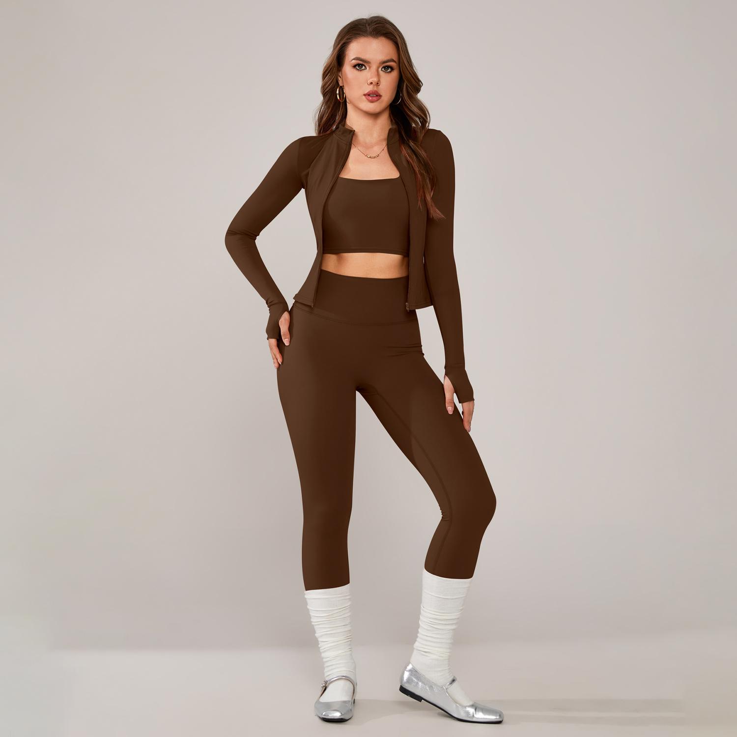 TimeOFF Women's 3-Piece Activewear Set with Stretchy, Body-Hugging Crop Top, Leggings & Jacket – Ideal for Yoga, Workouts & Athleisure Styles stylish