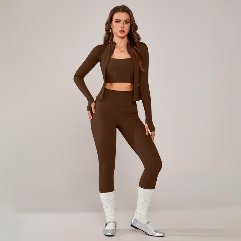 TimeOFF Women's 3-Piece Activewear Set with Stretchy, Body-Hugging Crop Top, Leggings & Jacket – Ideal for Yoga, Workouts & Athleisure Styles stylish