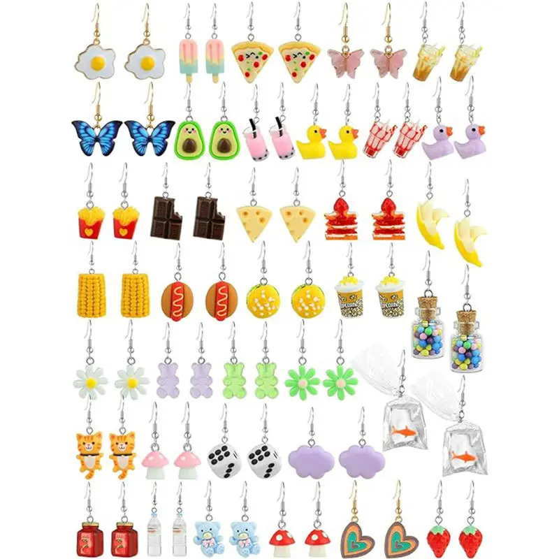 36 pairs of cute earrings, funny earrings, simulated frog, panda, goldfish, mineral water bottle, strawberry, mushroom, butterfly