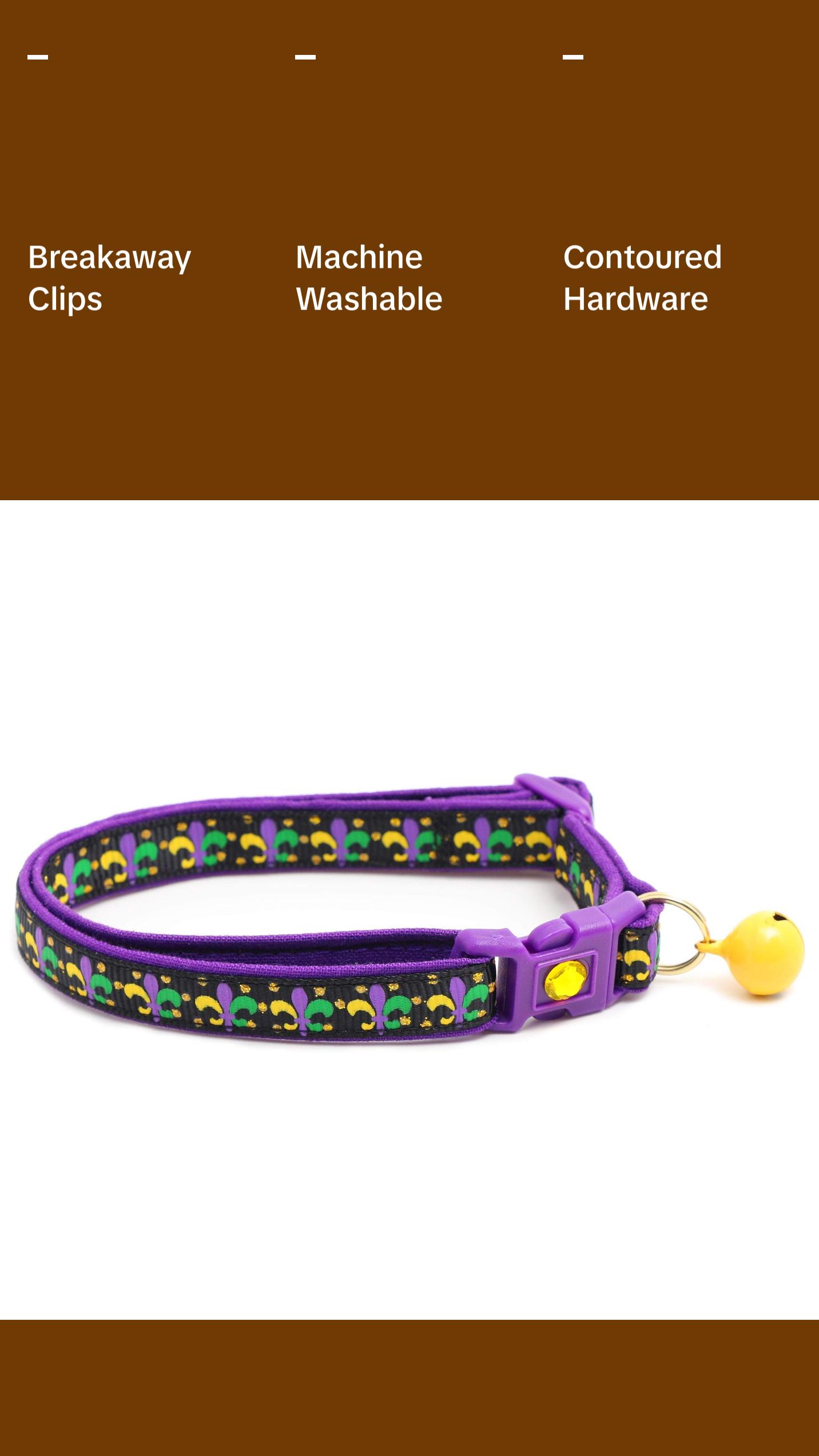 Fleur De Lys Breakaway Safety Cat Collar with Matching Jingle Bell & Charm by Pugs2Persians Mardi Gras New Orleans