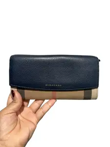 Pre-owned BURBERRY Canvas Small Leather Goods Nova CHeck with Navy Blue Leather Long Wallet with Unbranded Chain Perfect for Daily Use