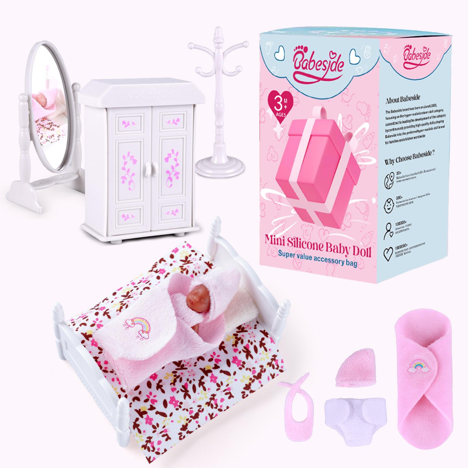 BABESIDE Mini Silicone Baby Dolls, 3 Inch Realistic Newborn Baby Dolls Full Silicone Sleeping Little Baby Dolls Mini Real Life Baby Girl Miniature Baby with Playset Accessories for kids age 3+