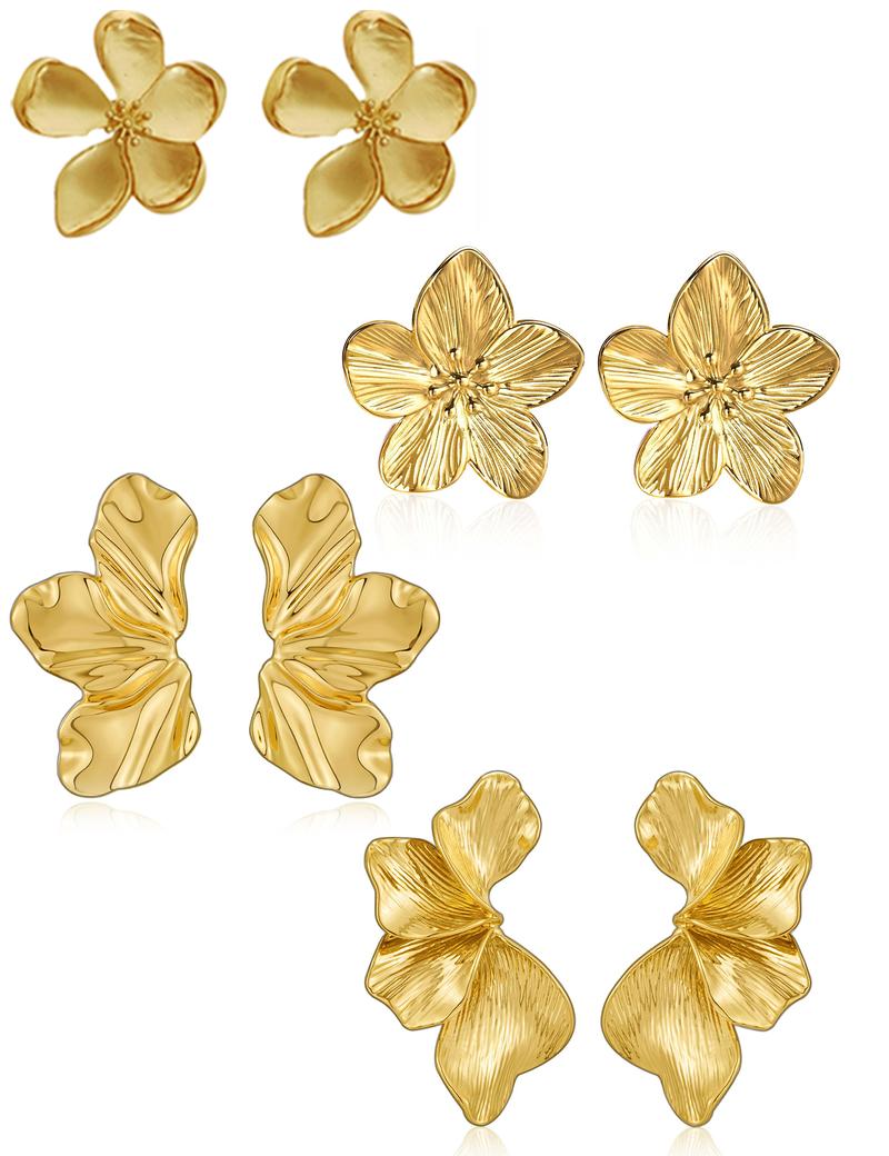 17KM 14K Gold Plated Flower Leaf Earrings ，Bold Irregular Chunky Dangle Statement Jewelry Set for Women