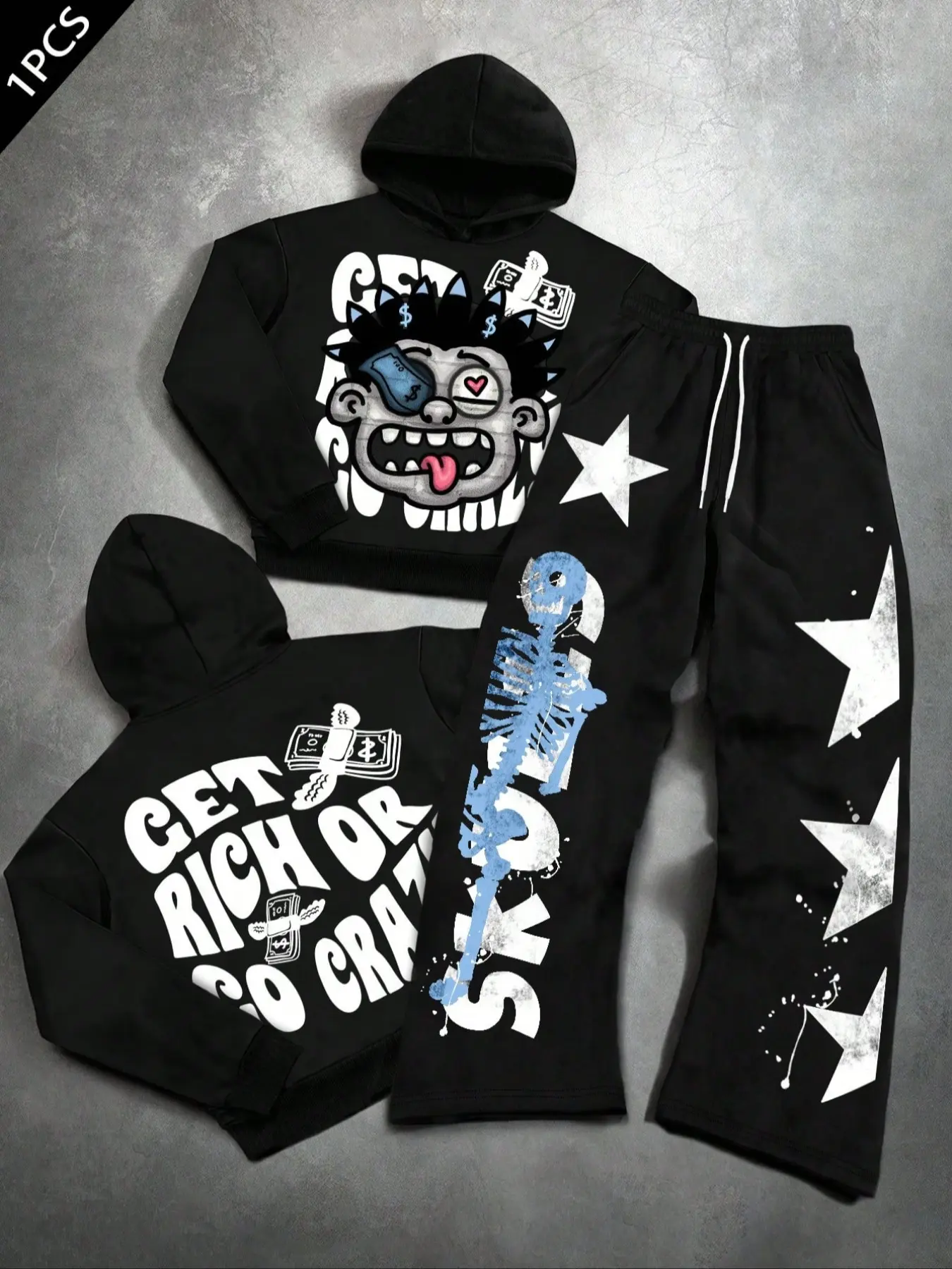 Unisex Street Style Long Hoodie Sweatshirt Pants Matching Set, Get Rich or Go Crazy Slogan Print, Casual Fall & Winter, Loose Fit Couple Wear, High Street Fashion, Streetwear, Clothes, Outfits