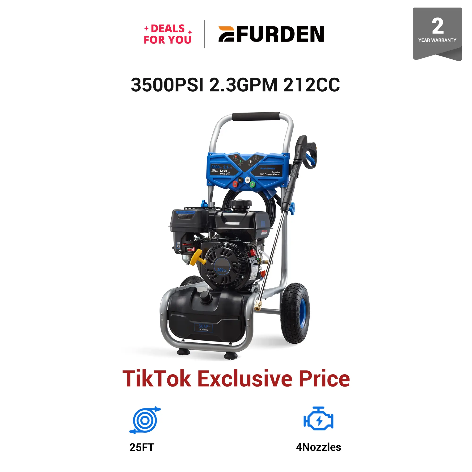 Efurden 3500PSI Gas Pressure Washer, 2.3GPM Gas Powered High Pressure Clean Machine with 209CC Engine, 4 Adjustable Nozzles for Cleaning Walls, Terraces, Vehicles, Gardens (Blue)