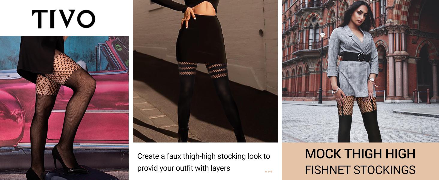 TIVIRA Mock Thigh High Stockings For Women Sexy Fishnet Tights Suspender Pantyhose 3 Pairs Lace Costume Tights Halloween Party Outfit Spooky Festival Hosiery Womenswear Socks