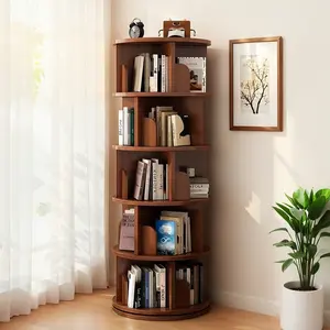5 Tier 360° Rotating Bookshelf, Round Spinning Display Storage Tower, Space-Saving for Bedroom Living Room Home Office, Walnut Wood White