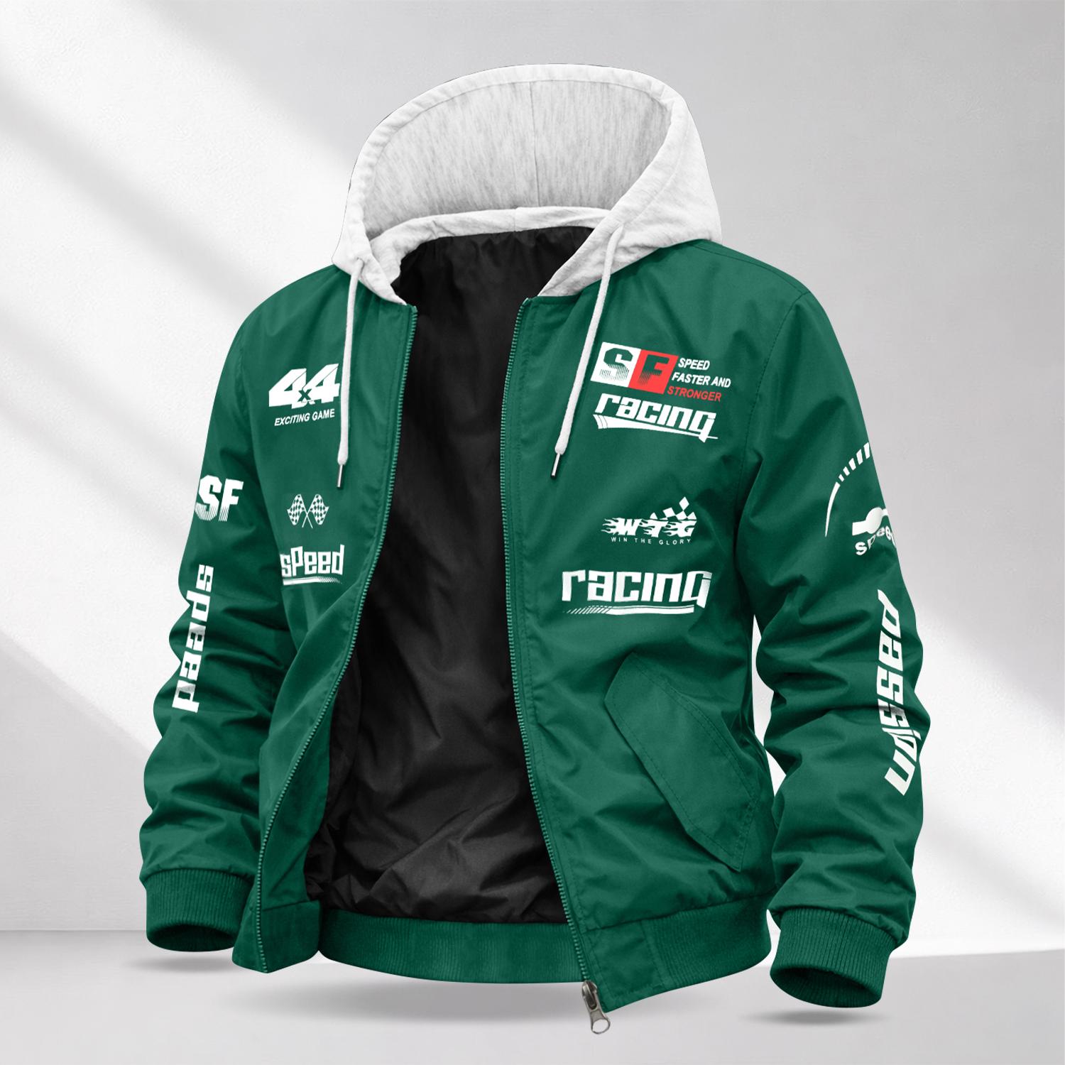 Men’s Letter Print Casual Jacket — Drapey, Wrinkle-Resistant fabric ; Color-Blocked Design with Hood and Drawstring; Retro Racing Style; Perfect for Going Out, Commuting, and Dates; A Stylish, Versatile Outerwear Piece