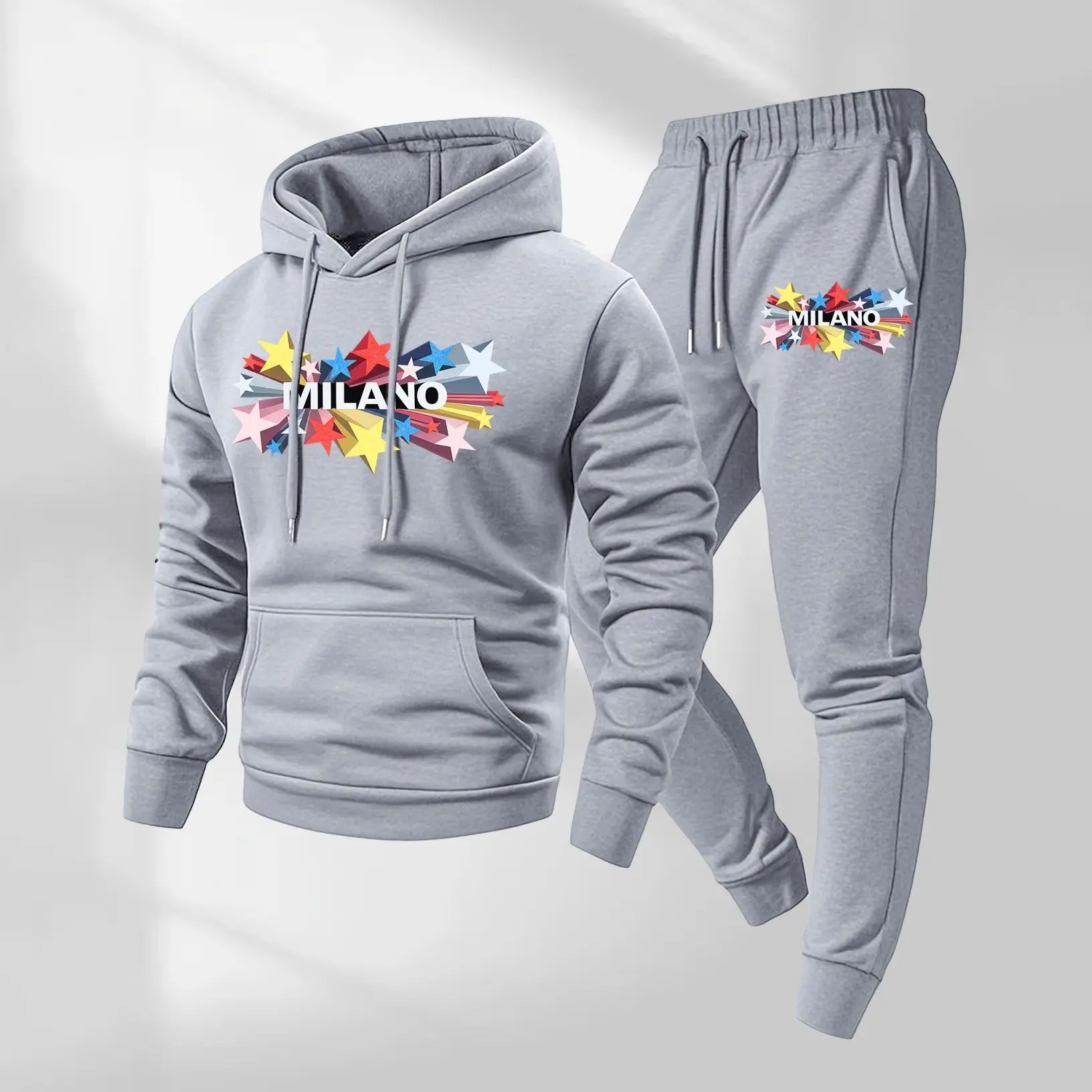 Men's MILANO Printed Hoodie And Drawstring Track Pants Set, Men's Casual Sportswear, Long-Sleeved Hooded Jacket And Pants, Suitable For Autumn And Winter, Men's Everyday Casual Wear, Sportswear Set, Casual Sportswear.