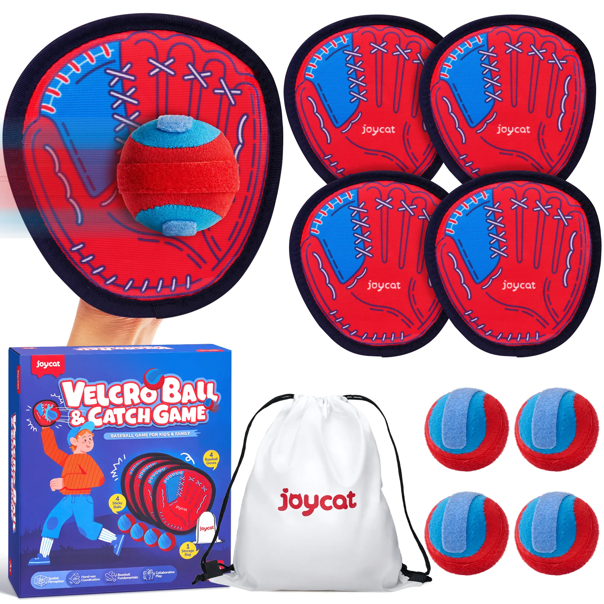 JOYCAT Unisex Velcro Ball and Catch Game - 4 Breathable Gloves Paddle Sticky Set with Soft Ball, Backyard Baseball Set for Kids Outdoor Play, Family Sports Easter Basket Stuffer Gift for Ages 3-12, Adults Compatible, Soft Ball Design