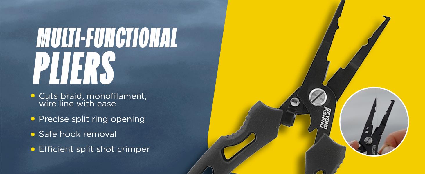 Beyond Fishing QuickRig 7 inch Fishing Pliers – Multifunction Stainless Steel Split Ring Pliers for Fishing with Line Cutter & Crimper – Corrosion Resistant & Spring Loaded Design