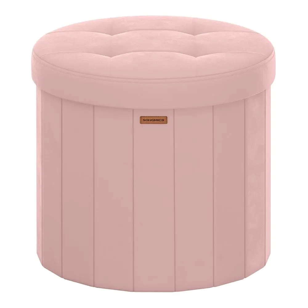 SONGMICS Velvet Upholstered Round Storage Ottoman - Foldable Single Seat Footstool with Removable Lid, Easy Assembly, Living Room Furniture, Bedroom Decor Piece