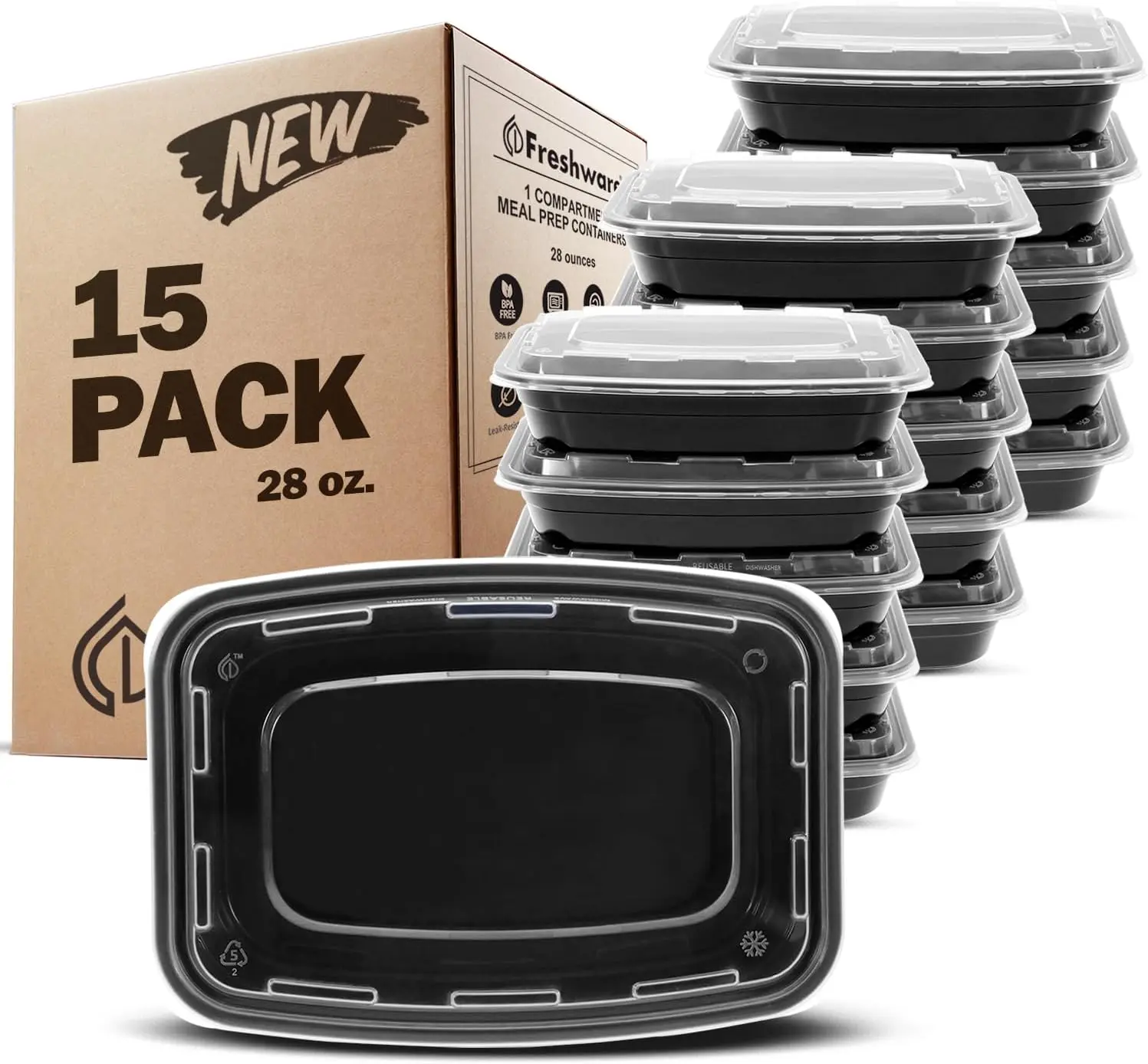 FRESHWARE 15-Pack 28oz 1-Compartment Reusable Plastic Food Containers with Lids - Sturdy, BPA-Free, Stackable, Collapsible, Microwave/Dishwasher/Freezer Safe, Reusable Snack Containers for Healthy Meals, School Lunches (Color May Vary), Food Storage Organ