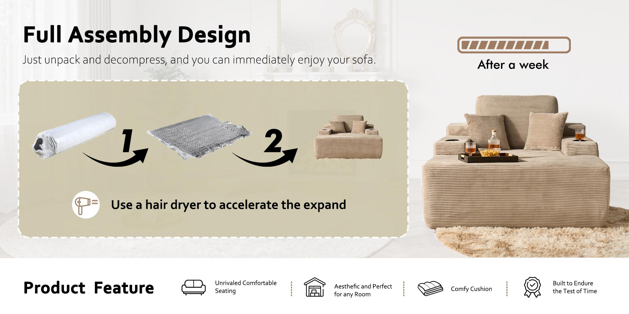 【StockUp Sale】Ovios 67'' Boneless Chaise Lounge Chair with Cup Holders, Oversized Upholstered Sofa Bed, Sleeper Couch Reading Chairs Fluffy Plush Corduroy Cloud Sofas Couches Living Room - No Assembly Required