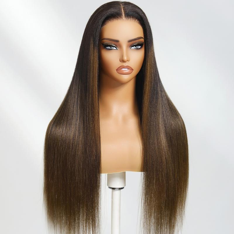 UNice Glueless Ombre Chestnut Brown Yaki Straight Wig with Drawstring Pre Cut 7x5 Lace Human Hair Wigs with Bleached Knots Beginners Friendly Natural Scalp