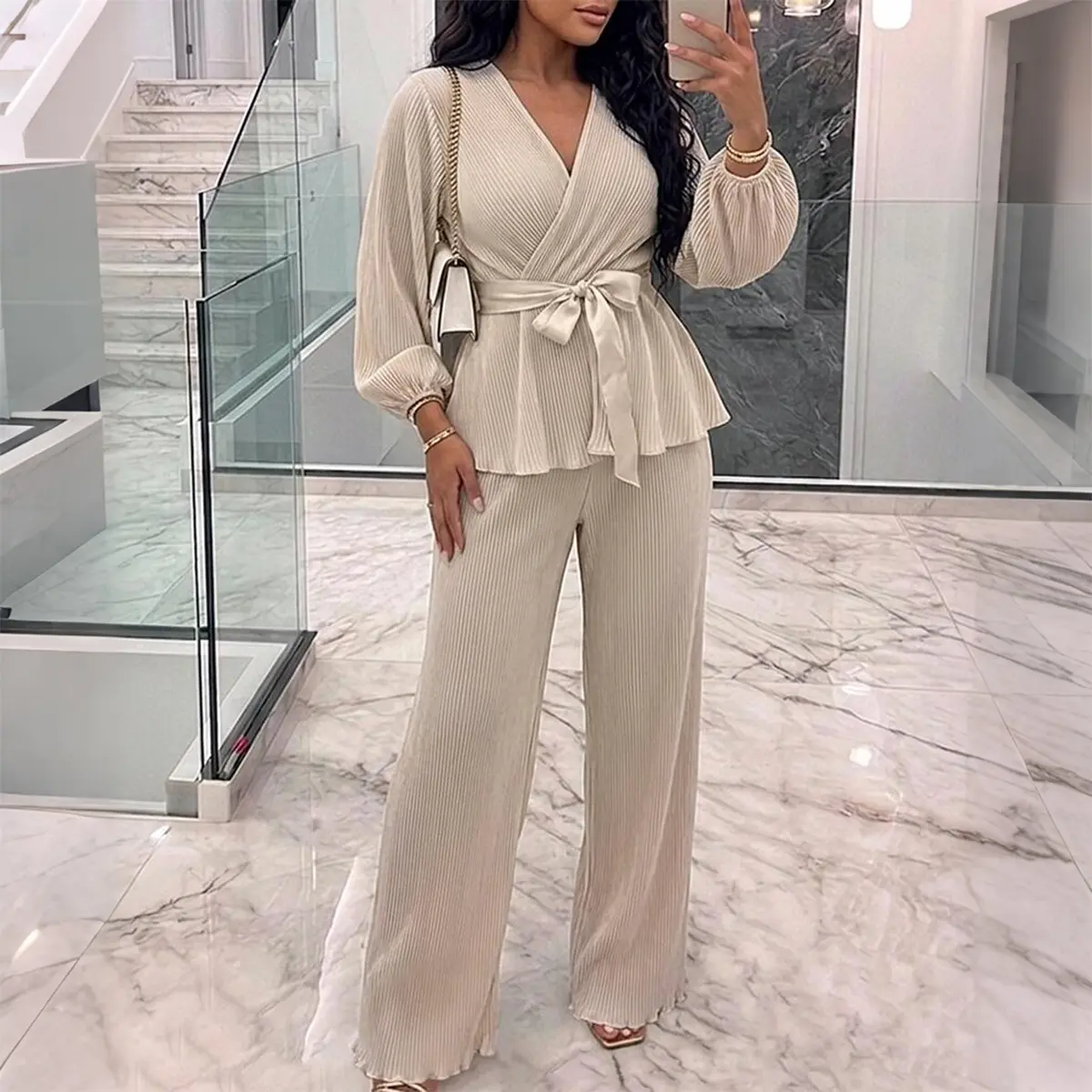 CHICME Women's 2 Pieces Outfit Overlap V-Neck Lantern Sleeve Tie Waist Ruffle Hem Top and Elastic Waist Wide Leg Pants Set Vintage Frill Hem Pleated Commuting Set