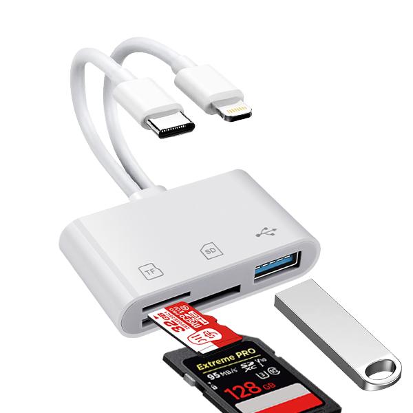 5-in-1 SD Card Reader for iPhone,iPad,Android – Dual USB-C & Lightning Adapter, Supports SD/MicroSD/USB 3.0, Fast Transfer, Plug & Play, No App Needed