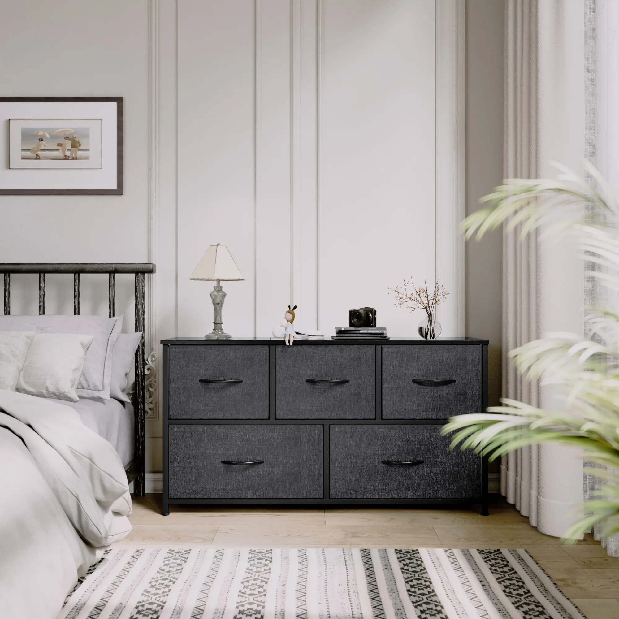 Yitahome Wide Storage Tower with 5 Drawers - Fabric Dresser, Organizer Unit for Bedroom, Living Room, Closets - Sturdy Steel Frame, Easy Pull Fabric Bins & Wooden Top (Black/Grey)