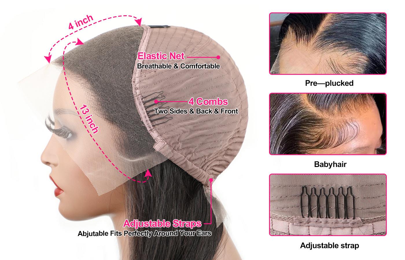 OQ HAIR Straight Brown Hair With Light Pink Skunk Stripe Color Pre-plucked Natural Hairline 13x4 Lace Front Wig Human Hair