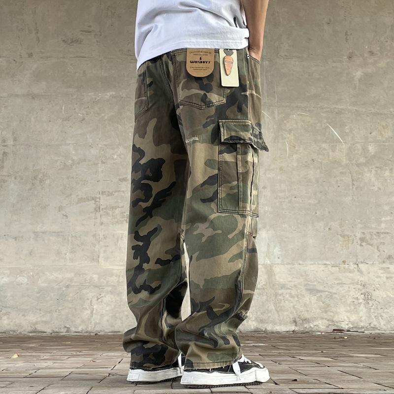 American Street Retro Loose Straight-Leg Camouflage Cargo Pants for Men Heavy Washed Handmade Patch Ripped Trendy Military Pants\