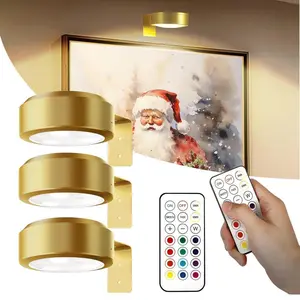 Picture Lights for Wall (3 Color Temps&12 RGB),Rechargeable Battery Operated Painting Light Magnetic Art Display Light with Remote, Puck Lights, Dimmable & Timer Art Lighting for Paintings Wireless,Gold, Gifts Ideas