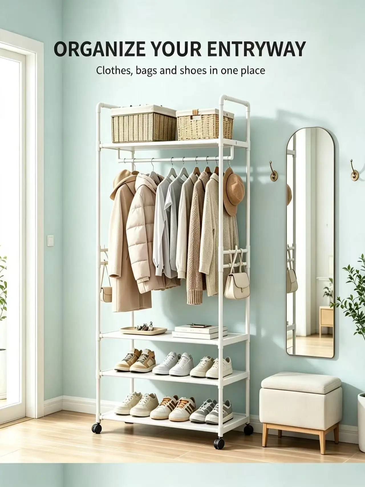 Heavy Duty Metal Frame Rectangular Multifunctional Garment Rack - 4-Tier Entryway Shoe Storage, Rolling Clothes Rack with Side Hooks, Mobile Freestanding Organizer for Small Spaces Bedroom, Black & White Available homeessentials, Home Accessory, Storage O