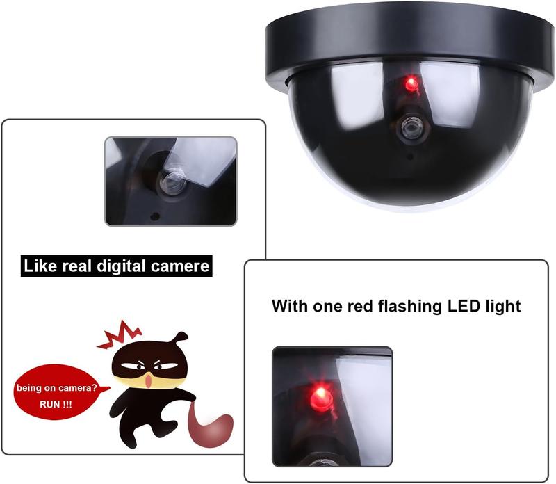 Dummy security camera, with red flashing LED light, dome camera – waterproof, suitable for indoor and outdoor use in homes, garages, supermarkets, farms, etc., easy to install, no power required