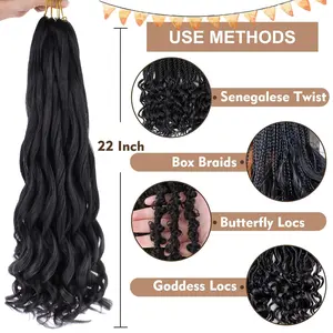 COOKOO 9 Packs 75G/Pack French Curl Braiding Hair 22 Inch Natural Black Pre Stretched Bouncy Braiding Hair Loose Wavy Crochet Braids Hair French Curls Synthetic Hair Extensions for Boho Box Braids 1B#