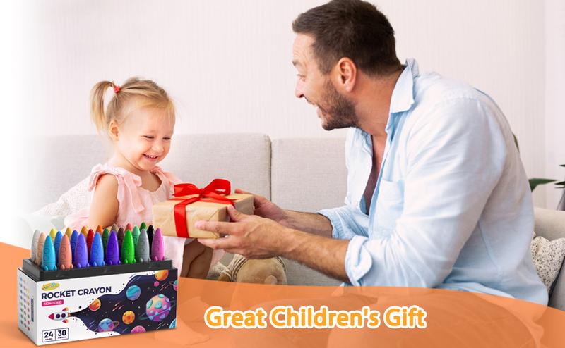 24 Colors Crayons for Toddlers, Non-Toxic Washable Rocket Crayons, Easy-to-Hold Coloring Gifts & Mess-Free Art Supplies for Little Hands