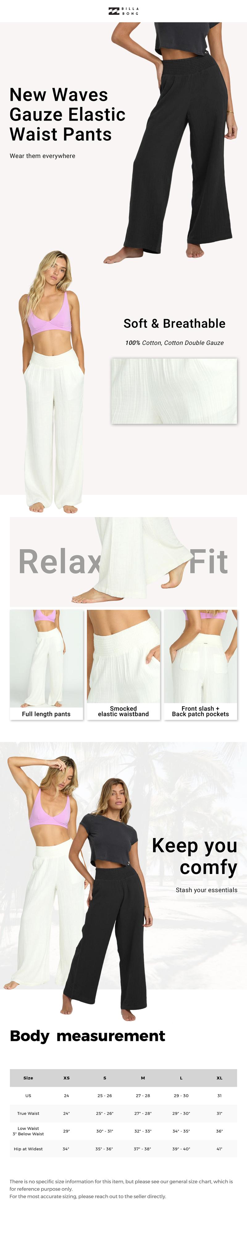 BILLABONG New Waves Gauze Elastic Waist Pants,100% cotton,Relaxed fit,Smocked elastic waistband